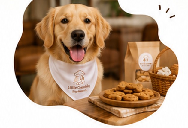 Golden retriever bahagia dengan camilan Little Crumbles homemade